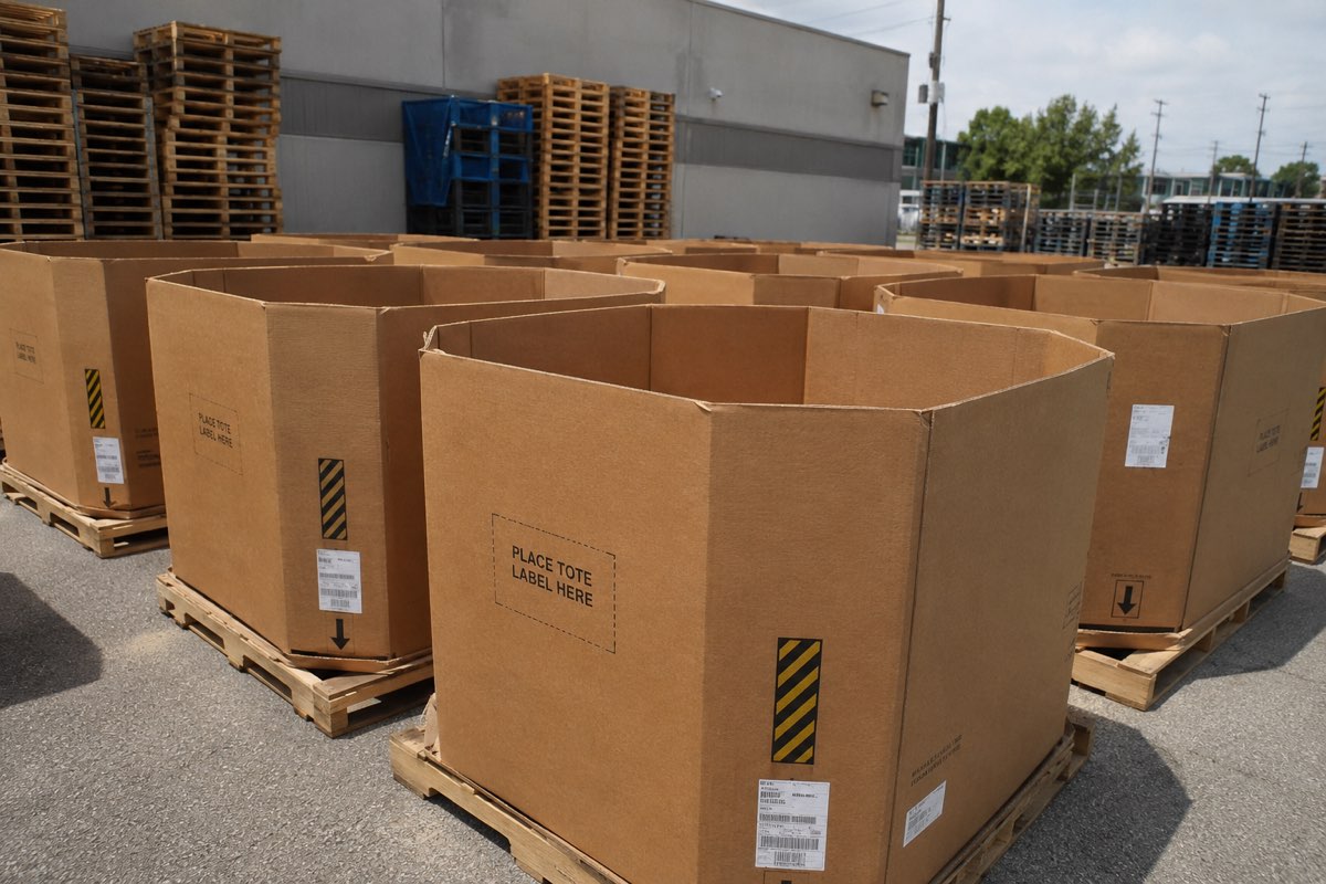 Several bulk bins on pallets outside the yard building, with stacks of wooden pallets behind them
