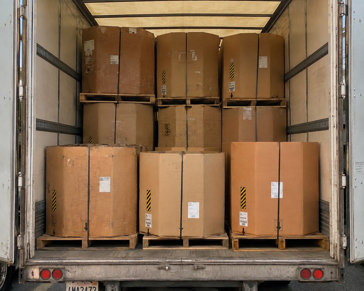 The open rear of a loaded 53-foot trailer, filled floor to ceiling with bulk bins on pallets