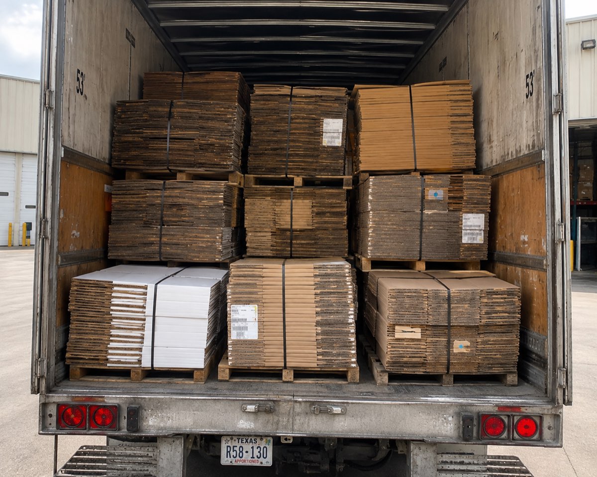 Rear view of a loaded box truck holding banded bundles of knocked-down boxes and assembled bins